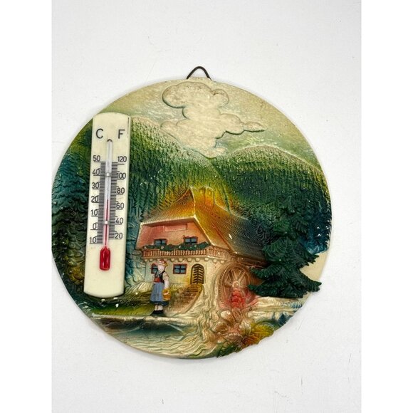 Vintage Hand-Painted Wall Thermometer With Rustic Cabin Design & Scenic Forest B - Picture 5 of 5